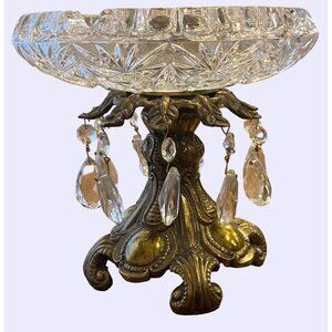 Vintage Crystal & Brass Pedestal Compote With Hanging Prisms